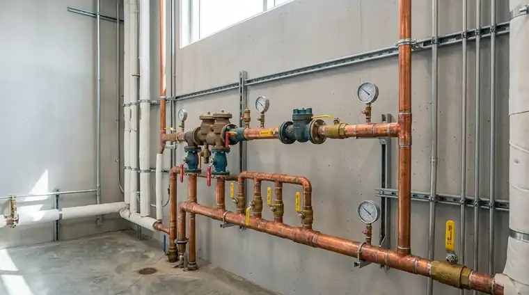 Commercial mechanical room copper water supply manifold, isolation ball valves, and pressure gauges in a Medford, OR facility