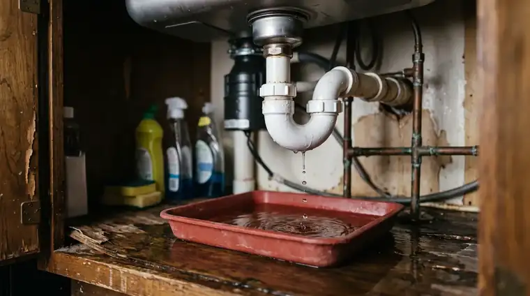 Technician inspecting a concealed kitchen sink and cabinet water leak in Medford, OR