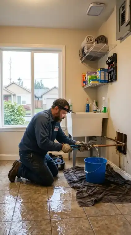Technician inspecting a laundry room water leak in a Medford, OR rental property