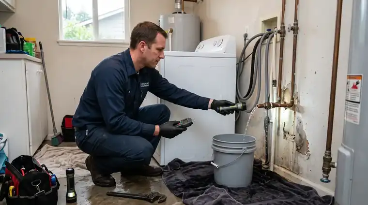 Leak detection specialist using an ultrasonic electro-acoustic ground microphone on a Medford kitchen floor to pinpoint a sub-slab pipe leak